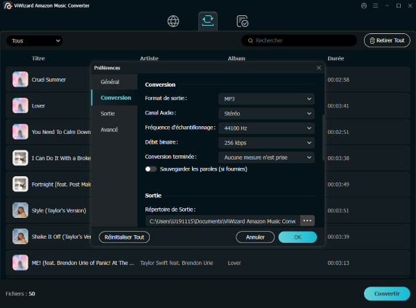 configuration personnalisée de la sortie