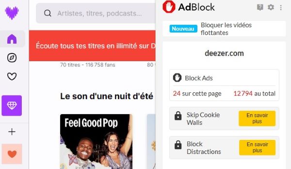 adblock débloque Deezer pub