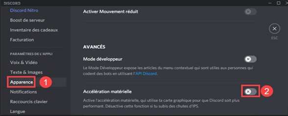 désactiver l'accélération matérielle discord