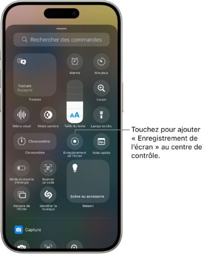 enregistrement de l’écran au centre de contrôle iphone