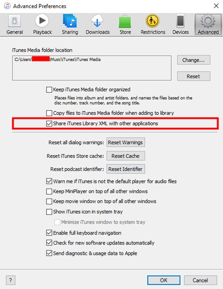 itunes share itunes library xml with applications