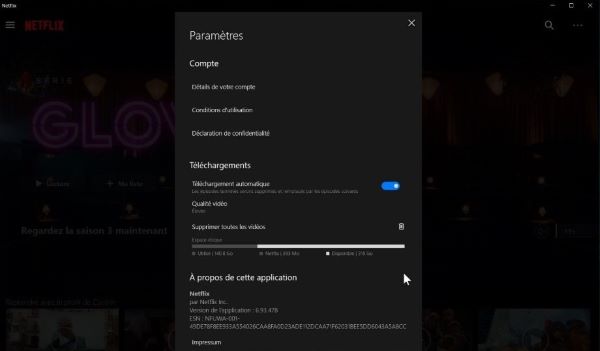 Paramètres de l'application Netflix