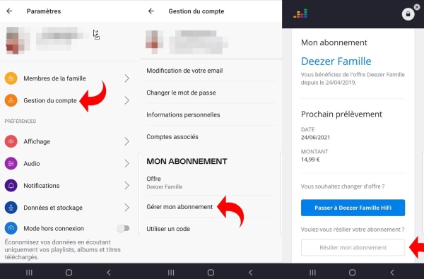 résilier l'abonnement deezer sur mobile