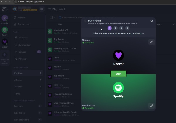 sélectionner deezer comme plateforme source sur soundiiz