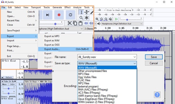 Sortie multiformat dans Audacity